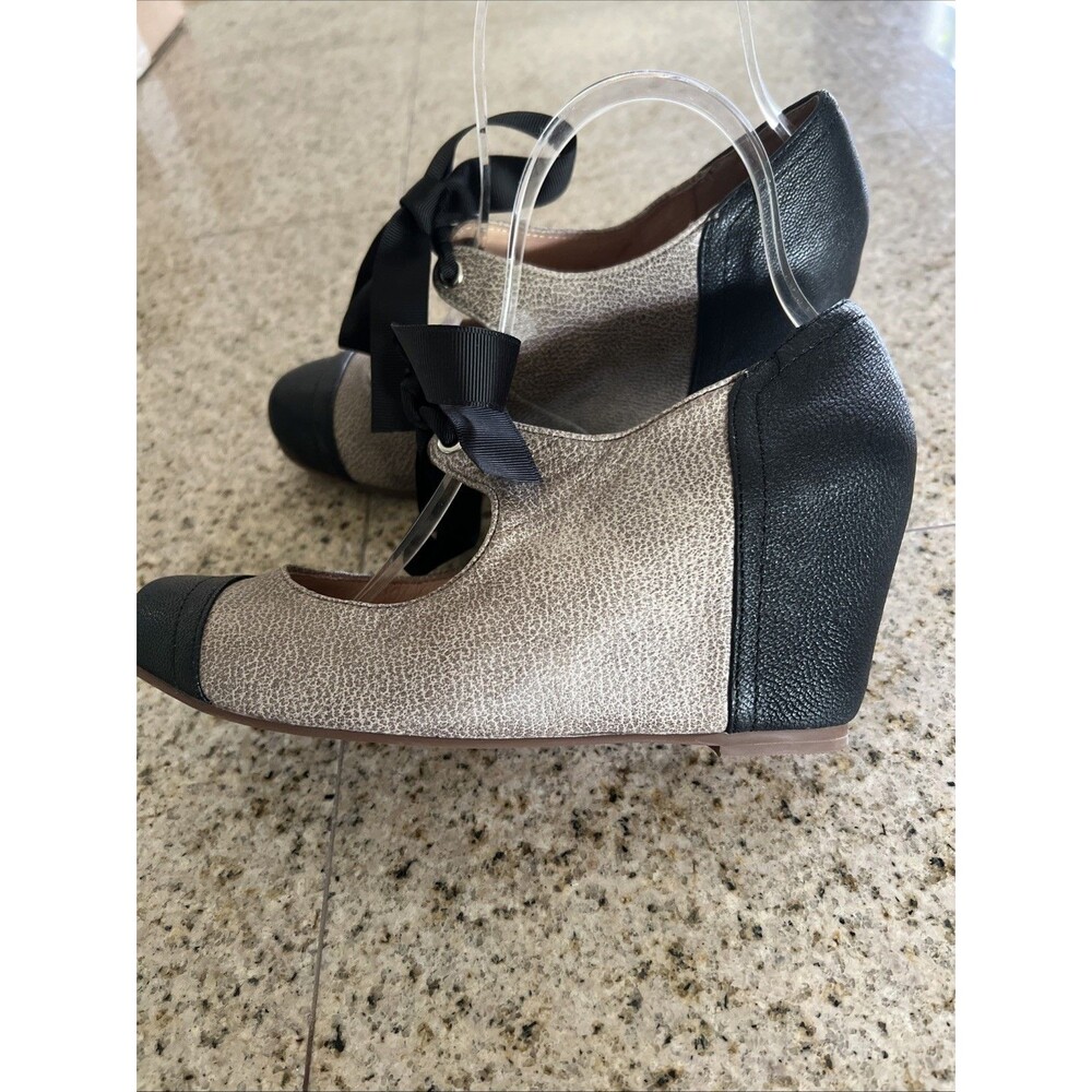 Jeffrey Campbell Brown/Black Leather Mary Jane Size 6.5 Women's Wedge Heel Tie